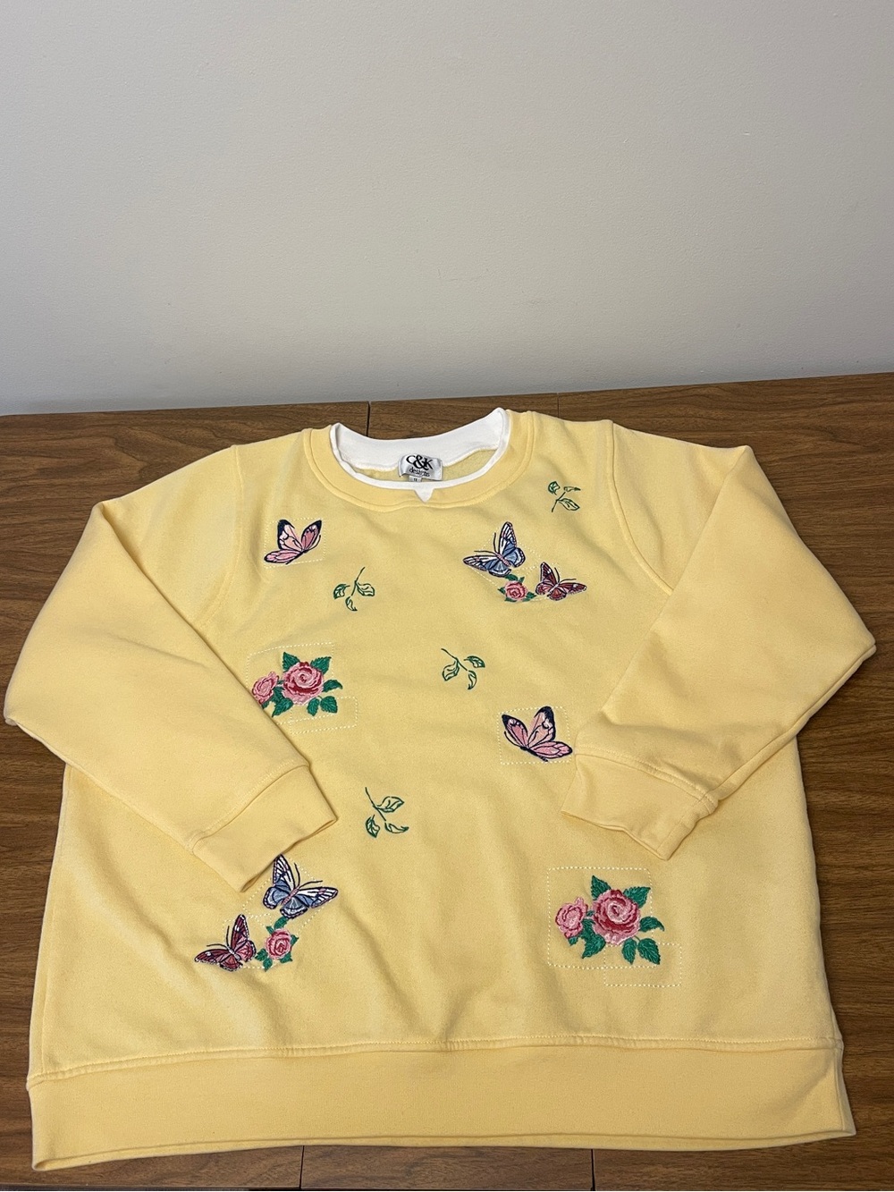 Embroidered Butterfly and Floral Crewneck Sweatshirt